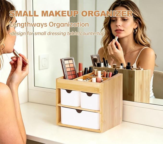 Bamboo Organizer with 3 Drawers, Small Organizer for Bathroom Countertop, Makeup Vanity Skincare/Cosmetic Organizer Box, Desktop Organization for Stationery, Adjustable & No Assembly Required