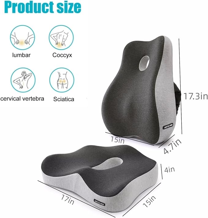 X Large Memory Foam Seat Cushion & Lumbar Support Pillow, Sciatica & Tailbone Pressure Relief Coccyx Cushion for Office Chair, Car, Wheelchair, Home