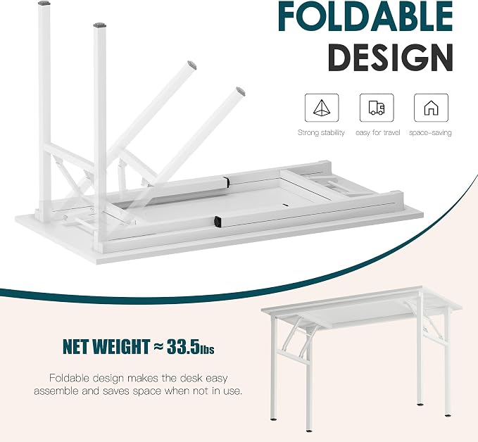 sogesfurniture 47 inch Computer Desk with LED Lights & Power Outlets, Folding Desk with Monitor Shelf, Wide Folding Table Writing Desk Foldable Home Office Desk, White