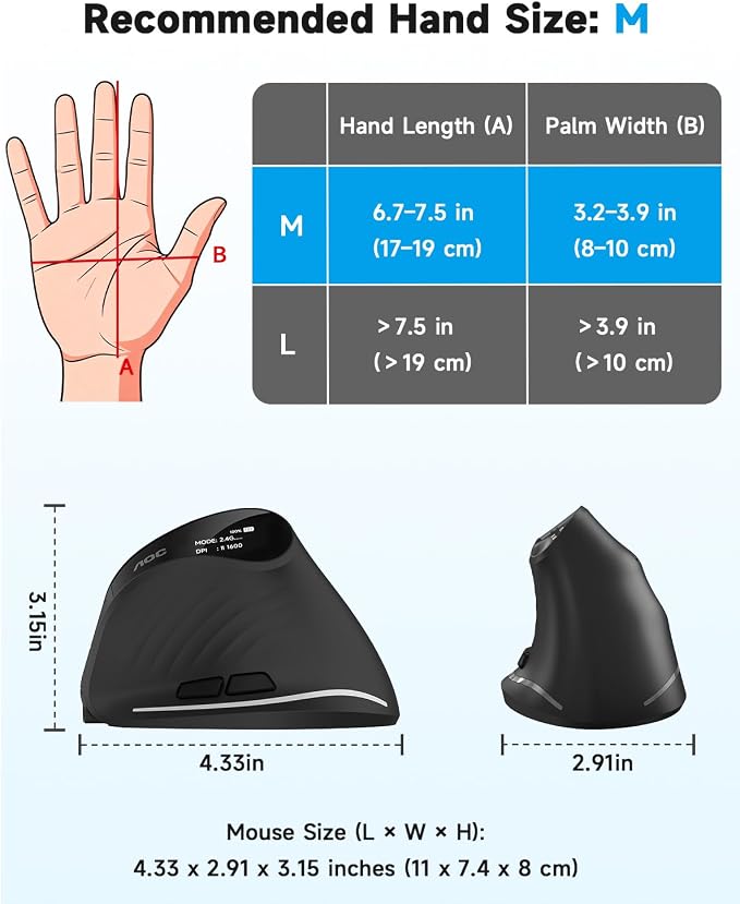 AOC 2.4GHz Ergonomic Mouse, Wireless Bluetooth Vertical Mouse for Work, 4800 DPI Optical Tracking, 5 Adjustable DPI, Quiet Clicks, RGB Light, Compatible with Computer, Laptop, PC, Mac, Desktop - Black