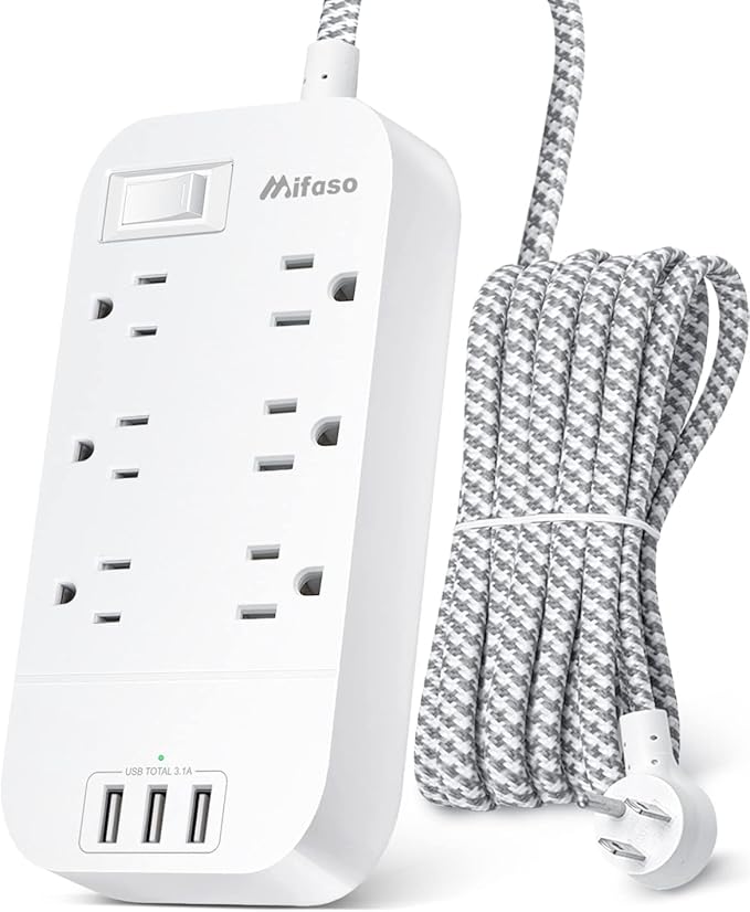 Extension Cord 10 FT, Mifaso Long Flat Plug Power Strip, 6 Outlets 3 USB A Ports Outlet Extender, Wall Mount, Desktop Charging Station for Home, Office and Dorm Essential