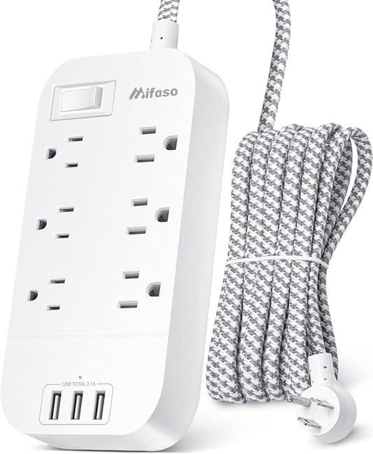 Extension Cord 10 FT, Mifaso Long Flat Plug Power Strip, 6 Outlets 3 USB A Ports Outlet Extender, Wall Mount, Desktop Charging Station for Home, Office and Dorm Essential