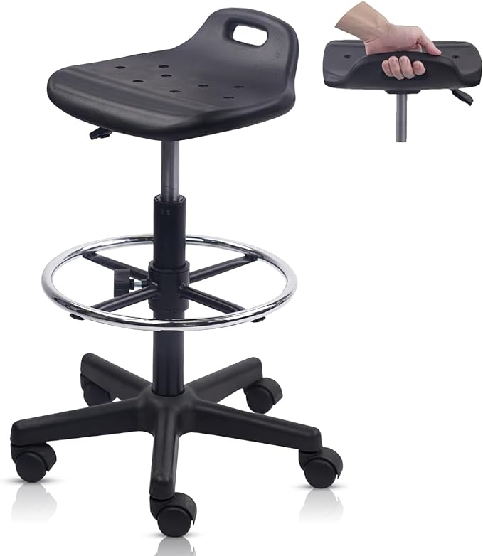 KLASIKA Drafting Rolling Stool Adjustable Height with Foot Rest Breathable Seat Cushion Swivel Stools with Wheels, Multi-Purpose Work Stool for Shop, Task, Salon, Black, 1 Pack