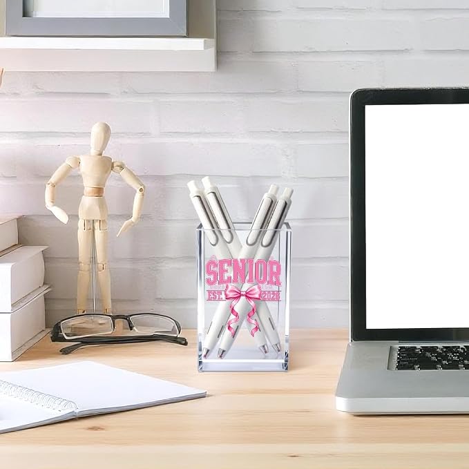 Class of 2026 Senior Pen Holder for Desk, Coquette Pink Bow Acrylic Desk Organizer, Graduation Gifts for High School Senior Girls, Daughter Granddaughter Sister Desk Decor