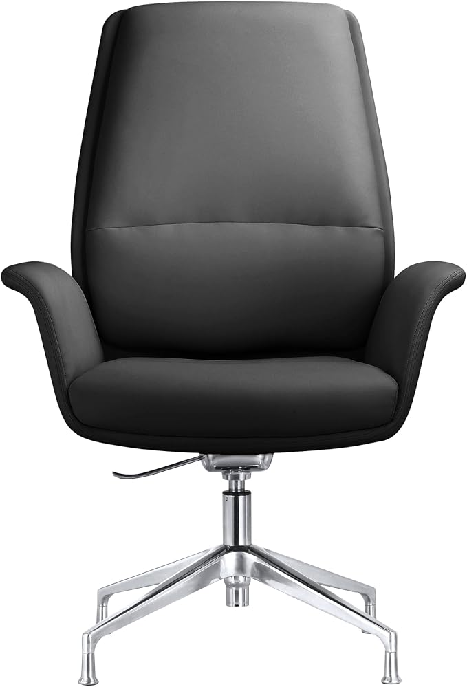 LeisureMod Mid-Century Modern Swivel Office Chair, Adjustable Height with Faux Leather Seat and Aluminum Frame (Black, Single)