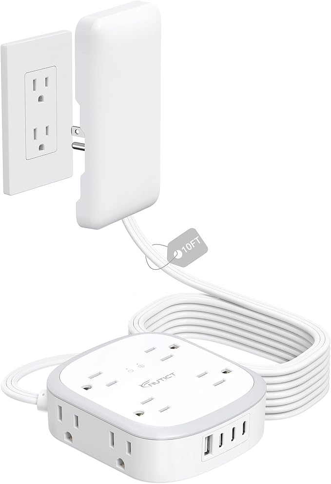 Outlet Cover Extension Cord Long 10ft, NUTICT Flat Plug Power Strip with 8 Outlets & 3 USB-C & 1 USB-A Port, 13A/1625W, 1440J Surge Protector, Indoor 3 Prong Flat Wall Plug for Tight Spaces, White