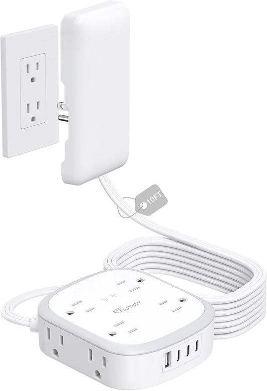 Outlet Cover Extension Cord Long 10ft, NUTICT Flat Plug Power Strip with 8 Outlets & 3 USB-C & 1 USB-A Port, 13A/1625W, 1440J Surge Protector, Indoor 3 Prong Flat Wall Plug for Tight Spaces, White