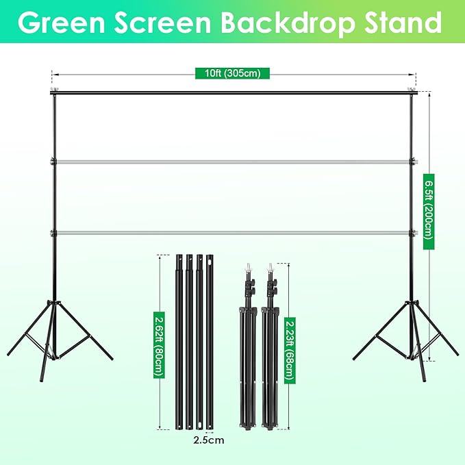 Green Screen Backdrop Kit, 10 x 6.5 Ft Portable Green Screen with T-Shaped Stand, Carrying Bag, 5 Clamps, Photography Greenscreen Background Kit for Streaming, Gaming, Zoom
