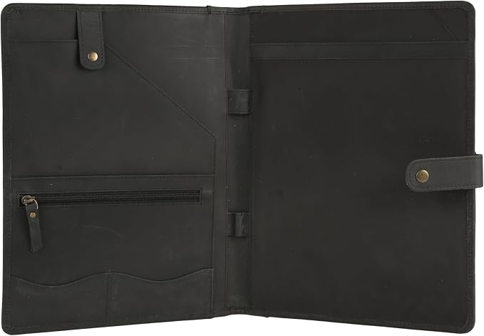 KomalC Leather Portfolio Folder with Button Closure | Business Padfolio for Professionals | Vintage Organizer with Legal Pad Holder, Card Slots & Document Pockets (Black)