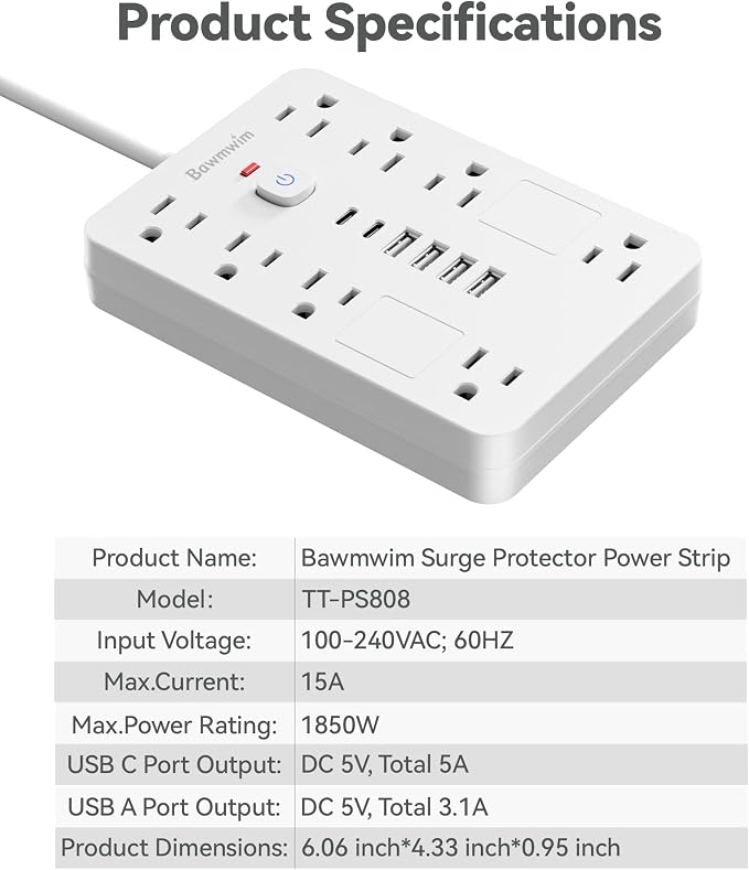 Surge Protector Power Strip - 11 Outlets(1850W/15A/14AWG) with 6 USB Ports(2 USB C), 6/13FT Flat Plug Extension Cord, Wall Mount, Black, ETL Listed for Home, Dorm Room