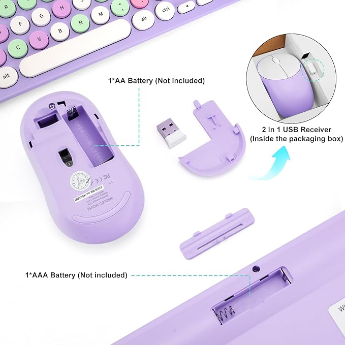 Wireless Keyboard and Mouse Combo, Retro Typewriter Keyboard with Round Keycaps, 2.4GHz USB Cute Wireless Keyboard Mouse for Computer, Desktop, Laptop (Purple Colorful)
