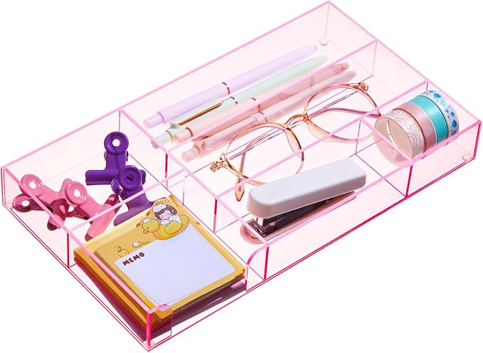 Briwooody Pink Acrylic Drawer Organizer,6 Compartments,Small | 11 x 6.1 x 1.38 Inch Desk Storage Tray Organizer for Pen, Stationery, Desktop, Office, Bathroom, Kitchen, Makeup Supplies
