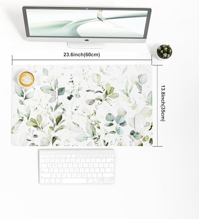 QIYI Large Mouse Pad, Extended Desk Mat for Desktop, PU Leather Waterproof Gaming Mousepad, Computer Desk Accessories Protector Writing Pads for School Office Home 23.6" x 13.8" - Soft Green Foliage