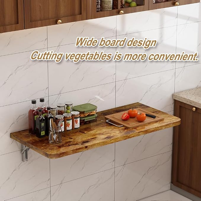 Rustic Wall Mounted Folding Table, Solid Wood Floating Shelf with Stainless Steel Brackets, Space Saving Desk for Home Office, Kitchen, Dining, Bar, Laundry Room(100X40cm/39.37"X15.75")