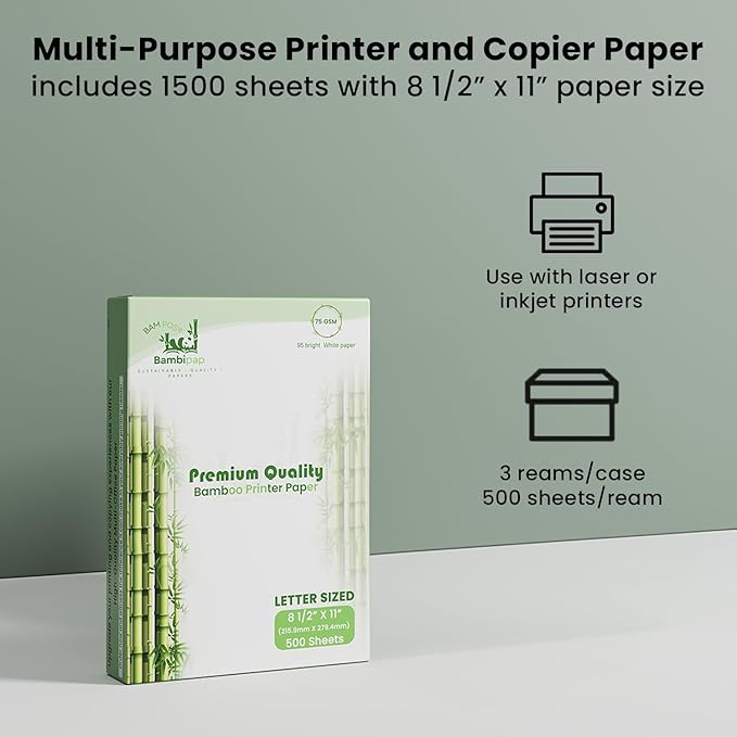 BAM POS Bamboo Printer Paper - 8 1/2” x 11”- 20LB Multipurpose White Paper - Made from Bamboo Fiber, Renewable Resources, Zero Trees Used - 3 reams (1500 Sheets)
