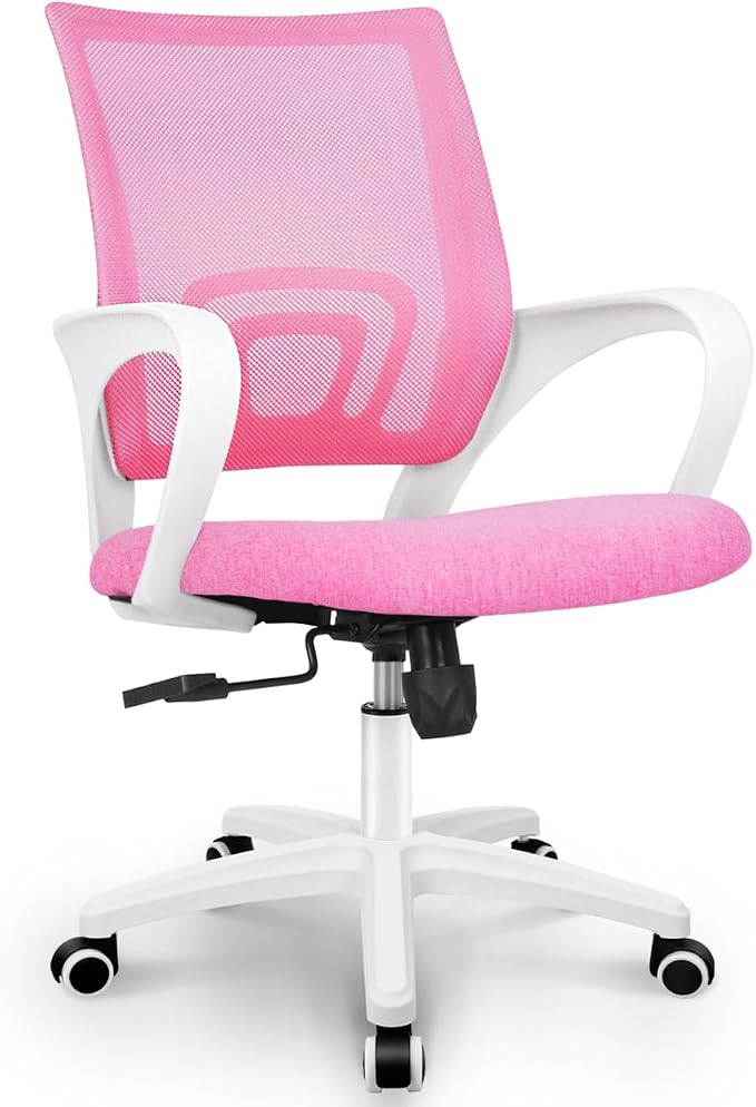 NEO CHAIR Office Desk Computer Chair Ergonomic Mesh Gaming Cushion Seat with Comfy Lumbar Mid Back Support Adjustable Height Swivel Rolling Wheels for Home Task (Pink)