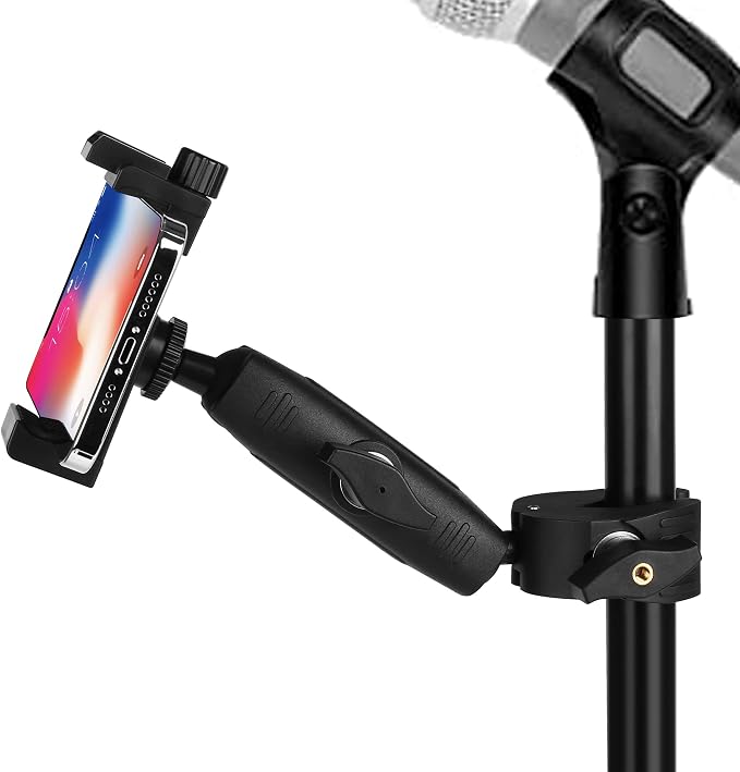 Music Boom Microphone Mic Stand Phone Holder Mount with Long Arm and Super Clamp 360° Rotation for Phone 14 13 12 11 MAX Pro Samsung Galaxy S22 S21 Google Pixel, 3.5 to 7" Smartphone