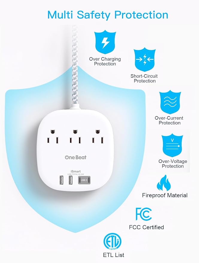 Cruise Ship Travel Essentials, 22.5W/4.5A Flat Plug Power Strip, 3Ft Flat Extension Cord, 3 Outlets 4 USB Ports (2 USB C) Cruise Approved Power Strip No Surge Protection, Desktop Charging Station