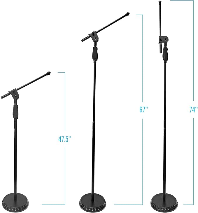 AxcessAbles Weighted Mic Stand Floor with Heavy Round Base, Quick Grip Height Adjustment - 74" Microphone Stand Include 33" Detachable Mic Boom Arm. Tall Microphone Stand for Singing (MS-201RB)