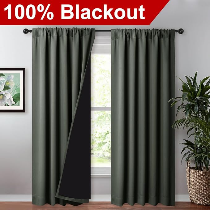 NICETOWN 100% Blackout Curtains for Living Room, Privacy Protection & Noise Reducing Drapes, Black Lined Window Treatment Panels for Patio Sliding Glass Door (Dark Mallard, 2 Pieces, W52 x L84)
