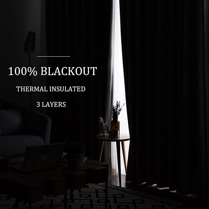 RYB HOME Soundproof Curtains for Bedroom - 3 Layers 100% Blackout Noise Cancelling Thermal Insulted Curtains for Living Room Home Theatre Office Window Decor, W 42 x L 63 inch, Black, 1 Pair