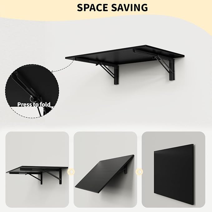GOYLSER Wall Mounted Desk Folding Table Laundry Fold Table, Fold Down Work Bench, Foldable Mount Station for Floating Bar, Office, Dining Room, Kitchen, Black, 35" x 20.5"