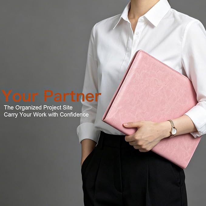 Padfolio Portfolio Binder, Faux Leather Folder, Resume Interview Legal Document Organizer, Letter Sized Writing Pad w/Business Card Holder, A4 Professional Folio for Office Conference (Pink)