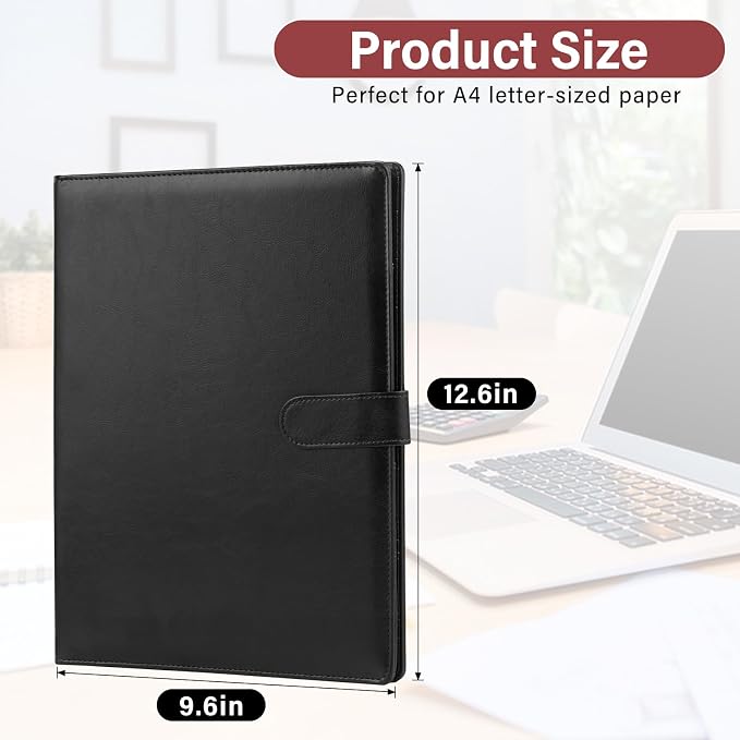 Professional Padfolio,Black Faux Leather Portfolio Binder | Includes clipboard,business card holder and document storage for office,conference,interviews,resume papers and business use