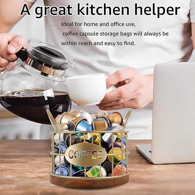 Coffee Pods Holder for Countertop, K Cup Holder Organizer, Sturdy Kcup Storage Basket with Wooden Base , Pod Container For Kitchen Bar Counter Office Desktop (Gold)