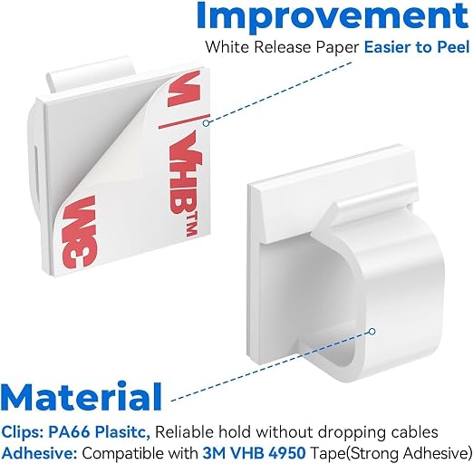 Cable Clips 100pcs with Strong Adhesive Tapes,Wire Holder Organizer Cord Management for Car Office and Home White