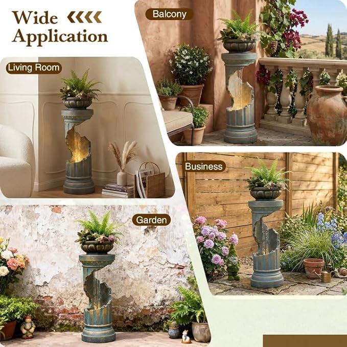 Sunlinua Outdoor Water Fountain with LED Light, Modern Spiral Tiered Outdoor Fountain with Stone Planter Curved Freestanding Waterfall Fountains for Garden Patio Deck Porch Gold