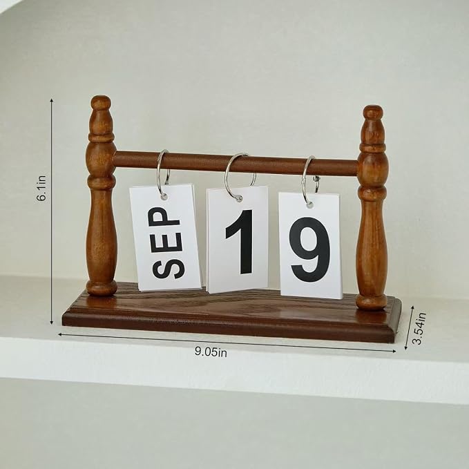 Wooden Perpetual Desk Calendar - Vintage Rustic Flip Calendar with Metal Rings & Reusable Daily Date Cards(Dark Brown)