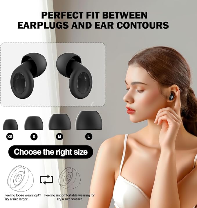 Ear Plugs for Sleeping Noise Cancelling, Perfect -30dB Reusable Silicone Earplugs for Noise Reduction, Hearing Protection Ear Plugs for Focus, Study, Work, Sleep – 4 Size Eartips in XS/S/M/L-Black