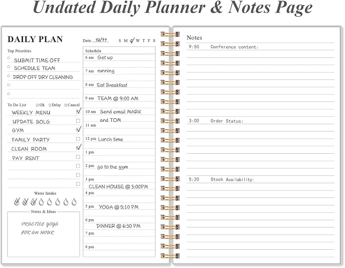Daily Planner Undated - A5 To Do List Notebook Hourly Schedules, Spiral Appointment Planner for Women and Men, PVC Hardcover, Inner Pocket, Elastic Closure, 5.8" x 8.3", Blue Leaf Flower