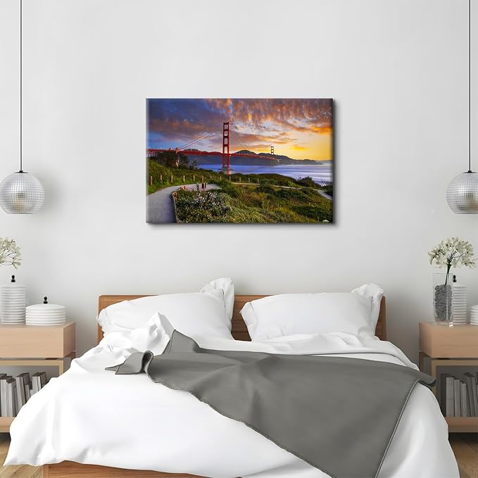 Large Red Golden Gate Bridge Picture Wall Art San Francisco City Landmark Building Photography Wall Decor Nature Mountain Sunset Skyline Paintings Canvas Prints Artwork for Home Decoration 32x48"