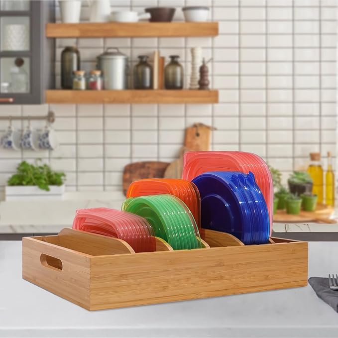 Bamboo Lid Holder Food Container, Kitchen Organizer with 5 Adjustable Dividers, Cabinet Organizer for Food, Kitchen Gadget, Container Lids (2pcs)