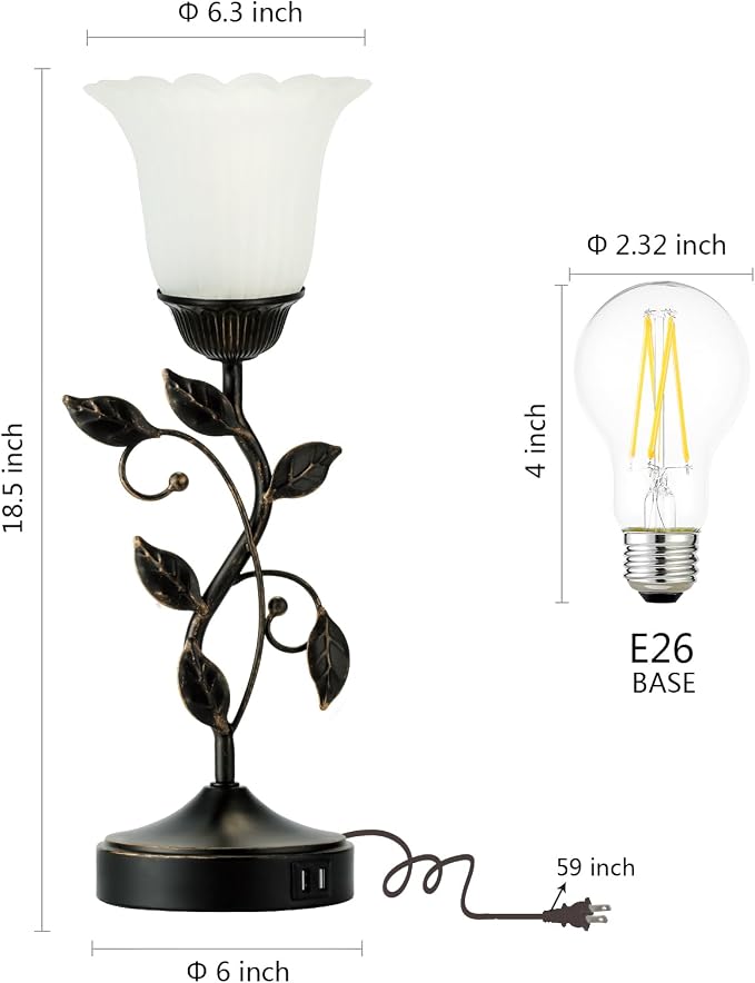 Set of 2 Touch Bedside Vintage Lamps with 2 USB C+A | 3-Way Dimmable Flower Lamps, White Glass Shade Rustic Leaf Lamp for Bedroom Side Table, LED Bulb Included