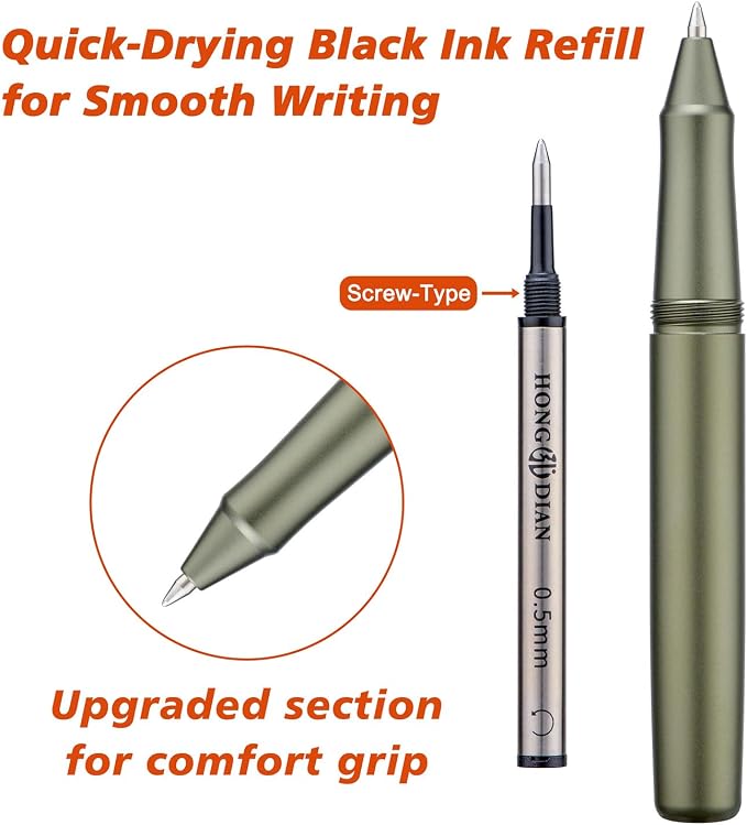 HONG DIAN M2 Black Forest Mini Rollerball Pen, Fine Point 0.5mm, Sleek Aluminium Pocket Pen with Black Ink Refill, Ideal for Travel & Signature (Army Green)