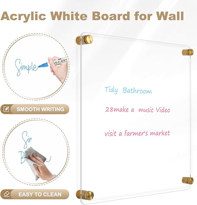 Clear Acrylic Dry Erase Board, 12" X 14" Golden Non-Magnetic Frameless Acrylic White Board for Wall, Clear Erasable Menu Board for Wall, Home, Office, School, 2 Markers