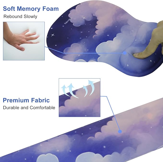 Petmolico Desk Pad Set with Wrist Rest for Keyboard & Mouse, Cloud Sky | Anti-slip PU base, durable Lycra & memory foam, relieves wrist fatigue, perfect for work, home & daily use
