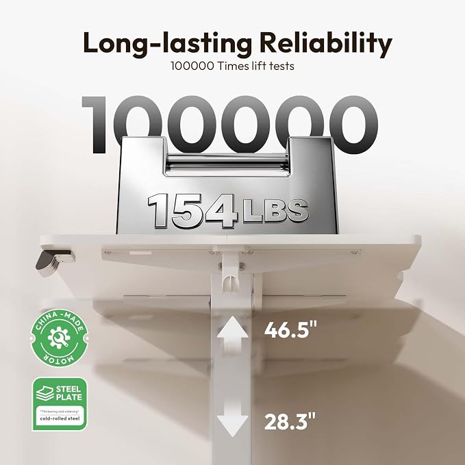 35 x 24 Inch Height Adjustable Standing Desk, 3 Presets, White | 35 x 24 in Desktop, 28.3–46.5 in Height, 2+3 Controls, ≤45 dB, 154 lb Capacity, 2 Hooks