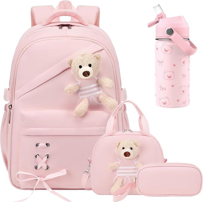 ACESAK Backpack for Girls with Insulated Water Bottle - 4 PCS Cute Girls Backpack with Lunch Box, Pencil Case & Kids Cup Set - 14oz Kids Water Bottle with Straw Set Back to School Supplies (Pink)