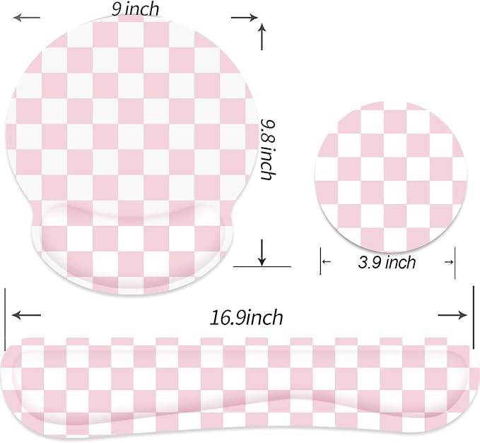 Ergonomic Mouse Pad with Wrist Rest and Keyboard Wrist Rest, Mousepad and Wrist Rest for Computer Keyboard, Pain Relief, Non-Slip Base, Mouse Pad with Wrist Support for Gaming, Office, Pink Checkered