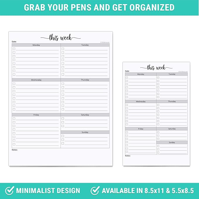 321Done Weekly Checklist Notepad, 5.5x8.5 Size Pad - 50 Tear-Off Sheets, Undated Monday-Sunday Schedule, Daily Task Planner for Home, Office & Student Use - Made in USA