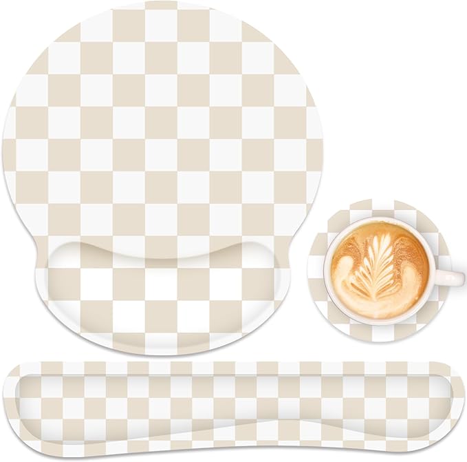 Ergonomic Mouse Pad with Wrist Rest and Keyboard Wrist Rest, Mousepad and Keyboard Pad, Non-Slip Rubber Base, Pain Relief, Mouse Pad with Wrist Support for Gaming, Computer, Office, Beige Checkered