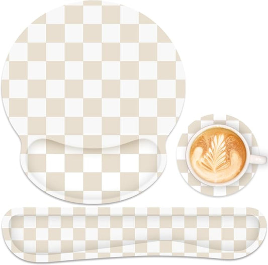 Ergonomic Mouse Pad with Wrist Rest and Keyboard Wrist Rest, Mousepad and Keyboard Pad, Non-Slip Rubber Base, Pain Relief, Mouse Pad with Wrist Support for Gaming, Computer, Office, Beige Checkered