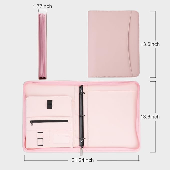 OOWOLF Padfolio Portfolio Folder, PU Leather Professional with 1 inch 3 Ring Binder 8.5 x 11 Letter Size Writing Pad Interview Resume Document Organizer Business Card Holder Zippered Closure Pink
