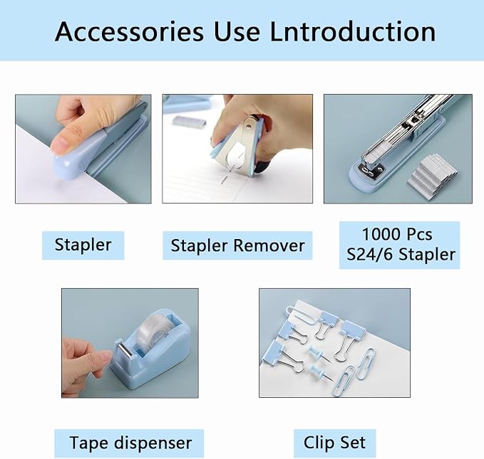 Office Supplies,Blue Desk Accessories,Office Supplies Set,Stapler and Tape Dispenser Set,Scissors,Staple Remover,Binder Clips,Staples,Ballpoint Pen,Index Tabs with Ruler,Clear Tape.9pcs for Office