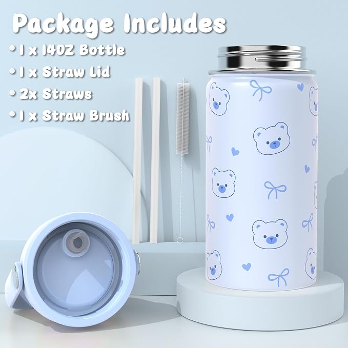 ACESAK Backpack for Girls with Insulated Water Bottle - 4 PCS Cute Girls Backpack with Lunch Box, Pencil Case & Kids Cup Set - 14oz Kids Water Bottle with Straw Set Back to School Supplies (Blue)