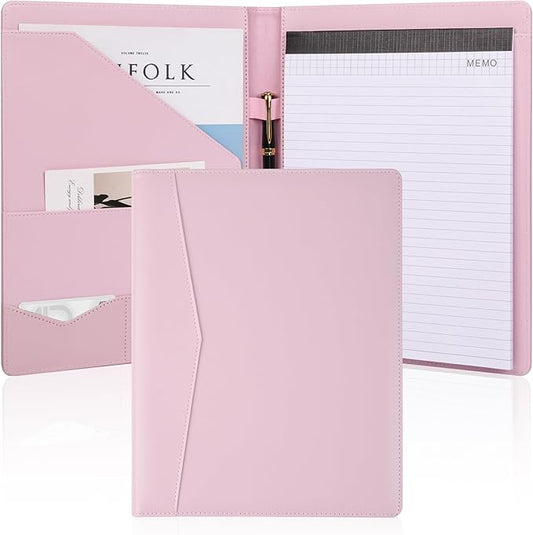 Pacific Mailer Padfolio Portfolio Leather Binder, Interview Legal Document Organizer, Business Card Holder Included Letter Sized Writing Pad [Pink, Piano Noir Faux Leather Matte Finish]
